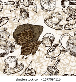 Hand drawn vector seamless pattern with coffee beans, bag, 
branch, cup