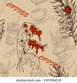Hand drawn vector seamless pattern with coffee beans, 
branch, cup