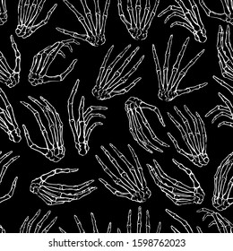 Hand drawn vector seamless pattern. Human bone hands in different gestures. White contour anatomical sketches isolated on black. Engraving style background. For design print, wallpapers, wrap, fabric.
