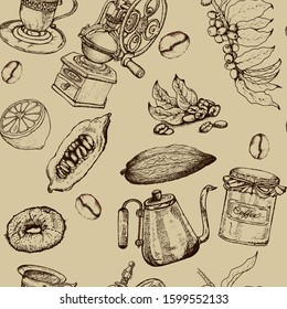 Hand drawn vector seamless pattern with coffee beans, bag, 
branch