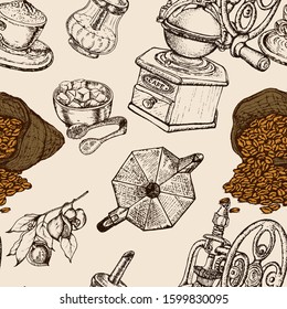 Hand drawn vector seamless pattern with coffee beans, bag, 
sugar