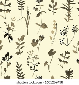 Hand drawn vector seamless pattern with plants and leafs. Watercolor monochrome background.
