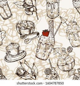 Hand drawn vector seamless pattern with coffee beans, branch, dessert, flowers