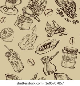 Hand drawn vector seamless pattern with coffee beans, branch, dessert, flowers