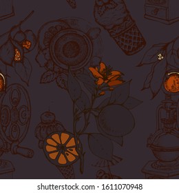 Hand drawn vector seamless pattern with coffee beans, branch, dessert, flowers