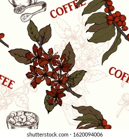 Hand drawn vector seamless pattern with coffee beans, branch,  flowers
