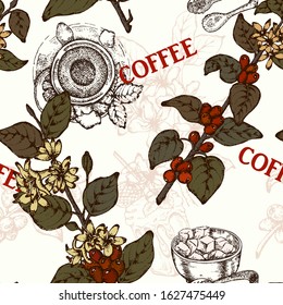 Hand drawn vector seamless pattern with coffee beans, branch, flowers, suggar, tea