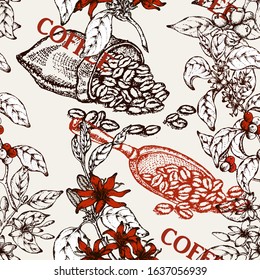 Hand drawn vector seamless pattern with coffee  beans, branch, flowers, cup