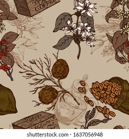 Hand drawn vector seamless pattern with coffee  beans, branch, flowers, cup