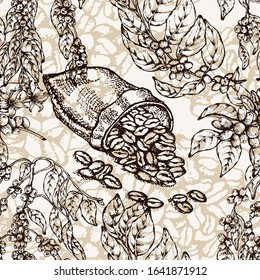 Hand drawn vector seamless pattern with coffee  beans, branch, bag