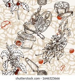 Hand drawn vector seamless pattern with coffee maker,  beans, branch, sugar