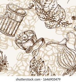 Hand drawn vector seamless pattern with coffee maker,  beans, branch