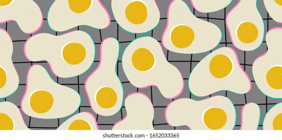Hand drawn vector seamless pattern illustration of scrambled eggs. Vintage trendy vector seamless pattern in vibrant colors. Retro, pin-up repeating texture.