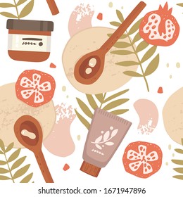 Hand drawn vector seamless pattern. Realistic cosmetic packaging, tropical leaves and fruits. Pomegranate, cream, face mask. Product testing, sample. Skin Care, relaxation, spa. Colourful background