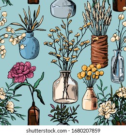 Hand drawn vector seamless pattern. Vintage sketches of vases, bottles, and jars of flowers and plants. Colorful floral background. Original botanical wallpaper. For wrap, textile, postcards, print.