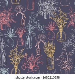 Hand drawn vector seamless pattern. Vintage sketches of vases, bottles, and jars of flowers and plants. Gentle floral background. Original botanical wallpaper. For wrap, textile, postcards, print.