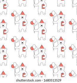 Hand drawn vector seamless pattern design cute bear with balloons and gift for birthday party.