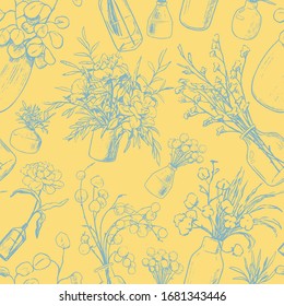 Hand drawn vector seamless pattern. Vintage sketches of vases, bottles, and jars of flowers and plants. Gentle floral background. Original botanical wallpaper. For wrap, textile, postcards, print.