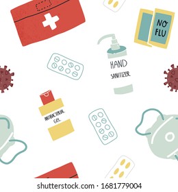 Hand drawn vector seamless pattern with corona virus prevention aid kit. Medical chest, pills, no flu med, hand sanitizer and antibacterial gel, face mask. 