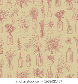 Hand drawn vector seamless pattern. Vintage sketches of vases, bottles, and jars of flowers and plants. Gentle floral background. Original botanical wallpaper. For wrap, textile, postcards, print.