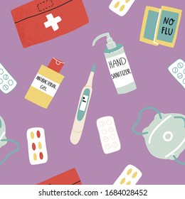 Hand drawn vector seamless pattern on purple background with corona virus prevention aid kit.Medical chest, pills, no flu med, hand sanitizer and antibacterial gel, face mask, electronic thermometer.