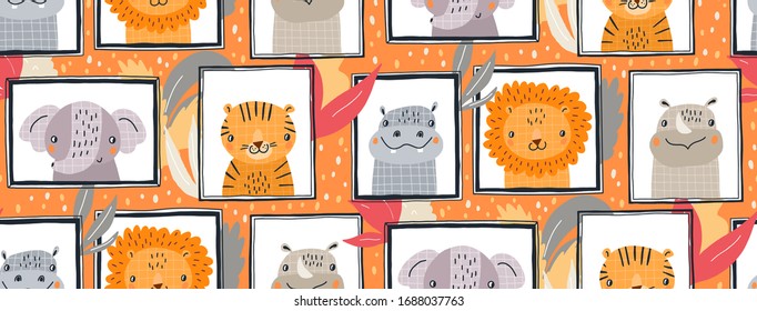 Hand drawn vector seamless pattern illustration of cute animals in frames. Scandinavian style flat design for kids. The concept for children's textiles, wrappings, wallpapers, covers.