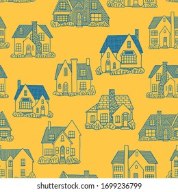 Hand drawn vector seamless pattern. Lovely houses. Cozy home, homestead, cottage, villa. Flat outline drawing. Colorful background in vintage style. For design, wallpaper, textile, fabric, print, wrap