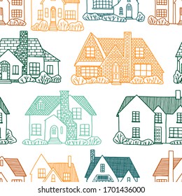 Hand drawn vector seamless pattern. Lovely houses. Cozy home, homestead, cottage, villa. Flat outline drawing. Colorful background in vintage style. For design, wallpaper, textile, fabric, print, wrap