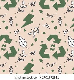 Hand drawn vector seamless pattern of ecology concepts, designs, and icons in doodle style. Zero waste, recycle, eco friendly tools, environment protection.