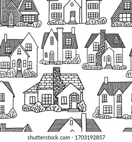 Hand drawn vector seamless pattern. Flat lovely houses. Cozy home, homestead, cottage, villa. Black contour drawing. Monochrome background for design, coloring, wallpaper, textile, fabric, print, wrap