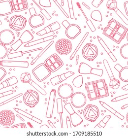 Hand drawn vector seamless pattern in doodle style, collection of various cosmetic products for make up. Pink line.