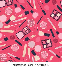 Hand drawn vector seamless pattern in doodle style, collection of various cosmetic products for make up.