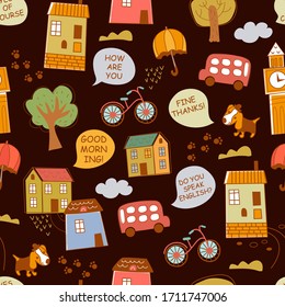 hand drawn vector seamless pattern with  houses 