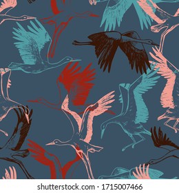 Hand drawn vector seamless pattern of beautiful flying storks. Realistic ink wild birds cranes background. Vintage colorful wallpaper. Gentle surface design for wrap, textile, postcard, print, fabric.