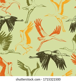 Hand drawn vector seamless pattern of beautiful flying storks. Realistic ink wild birds cranes background. Vintage colorful wallpaper. Gentle surface design for wrap, textile, postcard, print, fabric.