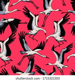 Hand drawn vector seamless pattern of beautiful flying storks. Realistic ink wild birds cranes background. Vintage colorful wallpaper. Gentle surface design for wrap, textile, postcard, print, fabric.