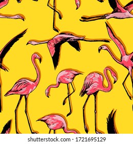 Hand drawn vector seamless pattern of beautiful flamingos. Realistic ink exotic birds background. Vintage tropical colorful wallpaper. Gentle surface design for wrap, textile, postcard, print, fabric.