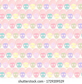 Hand drawn vector seamless pattern with colorfull facial masks in pink, green, light yellow, violet and turquoise colors. Home beauty routine. Can be used for fabrics, wallpapers, wrapping, decoration