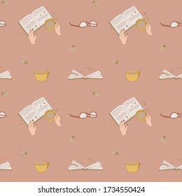 Hand drawn vector seamless pattern. Open books, coffee, reading glasses. Decorative vintage style art. Ideal for bookworms, book lover, book stores.