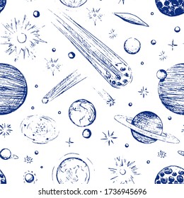 Hand drawn vector seamless pattern. Pen sketch of space objects. Background of comets, planets, stars, asteroids. For design print, wrap, fabric, textile, paper, decor. Blue contour abstract wallpaper
