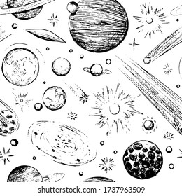 Hand drawn vector seamless pattern. Ink sketch of space objects. Background of comets, planets, star, asteroids. For design print, wrap, fabric, textile, paper, decor. Black contour abstract wallpaper