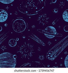 Hand drawn vector seamless pattern. Sketch of space objects. Background of comets, planets, stars, asteroids. For design print, wrap, fabric, textile, paper, decor. Colorful abstract contour wallpaper