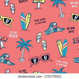 Hand drawn vector seamless pattern. Surfboards, sunglasses, palm trees, waves and slogan texts.