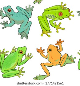 Hand drawn vector of seamless pattern with colorful tree frogs isolated on white background. Original stock illustration of amphibian.