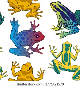 Hand drawn vector of seamless pattern with colorful tree frogs isolated on white background. Original stock illustration of amphibian.