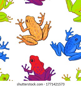 Hand drawn vector of seamless pattern with colorful tree frogs isolated on white background. Original stock illustration of amphibian.