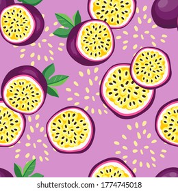 Hand drawn vector seamless pattern passion fruit. Print design for fashionable textile. Fruit trendy summer fabric.