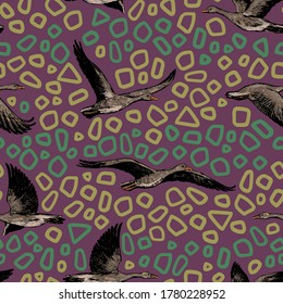 Hand drawn vector seamless pattern of flying greylag geese. Background of wild birds realistic ink sketches. Abstract colorful design for wallpaper, wrapping, textile, postcard, print, fabric, decor.