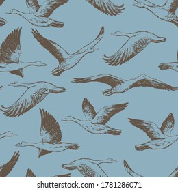 Hand drawn vector seamless pattern of flying greylag geese. Background of wild birds realistic ink sketches. Abstract colored design for wallpaper, wrapping, textile, postcard, print, fabric, decor.