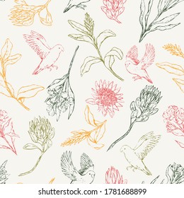 Hand drawn vector seamless pattern of parrots lovebirds and exotic flowers. Realistic birds and plant background. Vintage tropical colorful design for wallpaper, wrap, textile, postcard, print, fabric